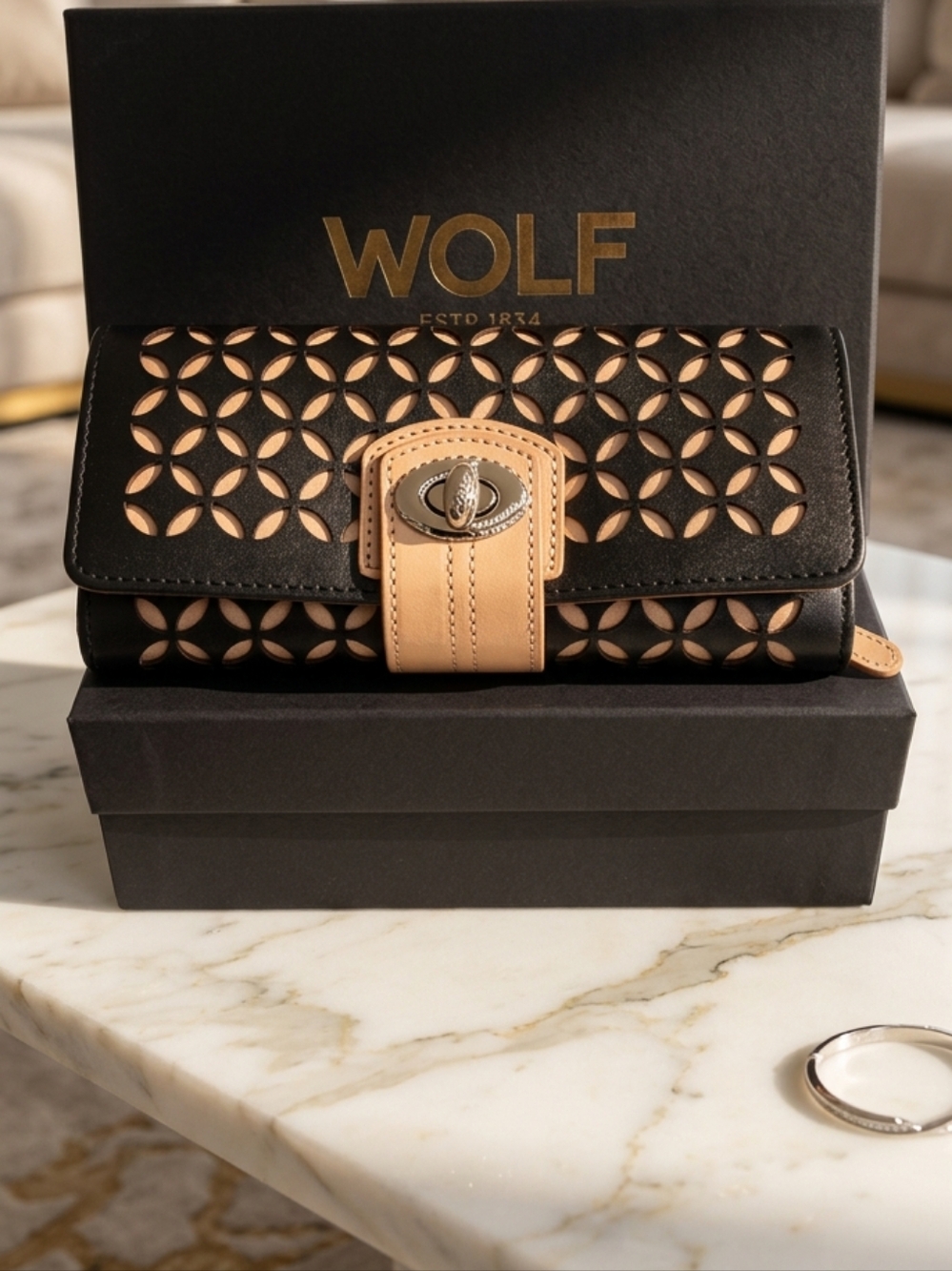 WOLF Black and Beige Laser-Cut Leather Jewelry Organizer/Roll Wallet.